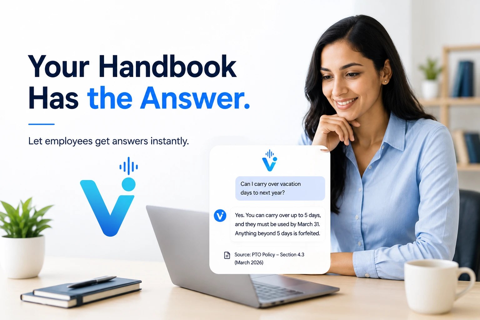 An employee at her laptop asking a Vadami assistant whether vacation days carry over, and getting an instant answer citing the PTO policy