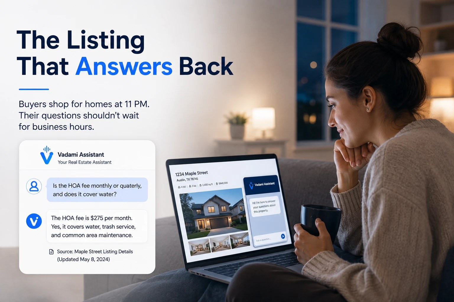 A home buyer on her couch at night browsing a listing while a Vadami assistant answers her HOA question, citing the listing details