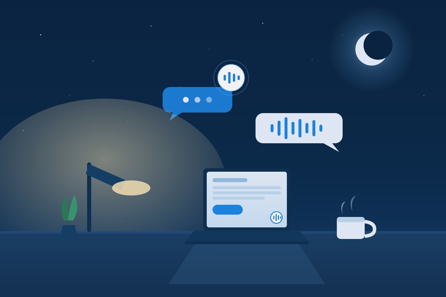 A night-time study desk with a glowing laptop and floating chat bubbles